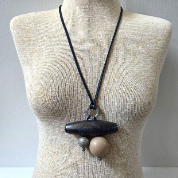 Alisha D Necklace Blue Gray Neutral Beaded Tribal Adjustable Cord Boho Statement - Picture 1 of 8